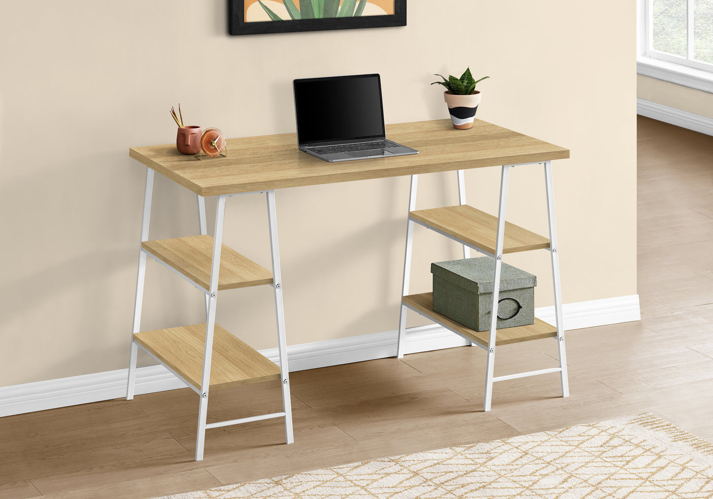 Light wood grain computer desk with white metal frame and two shelves