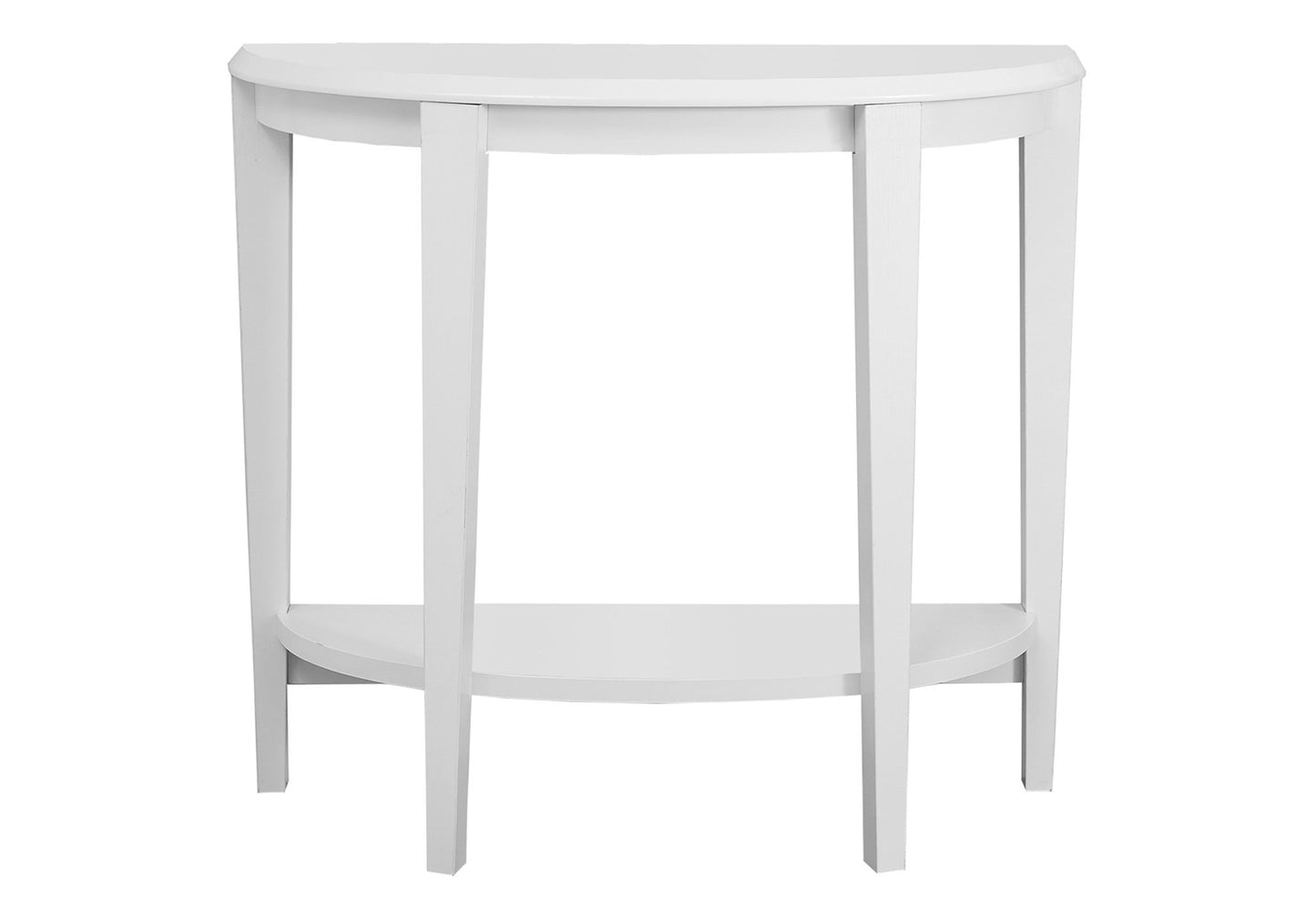 White halfmoon console table with lower shelf and simple leg design