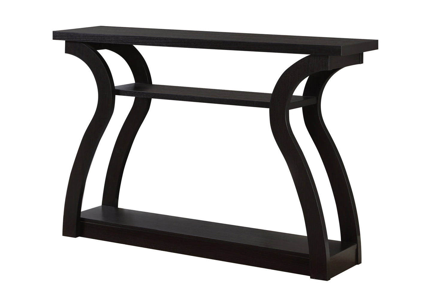 Sleek dark wood console table with curved legs and two shelves for modern entryway decor