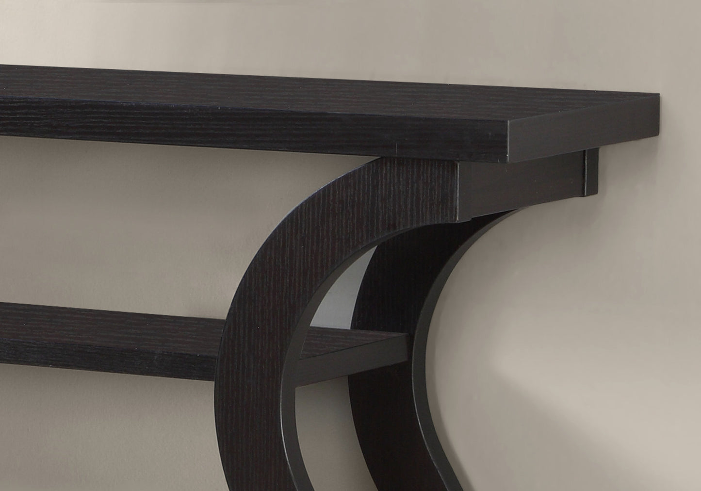 Dark wood floating shelf with curved bracket support for modern living room