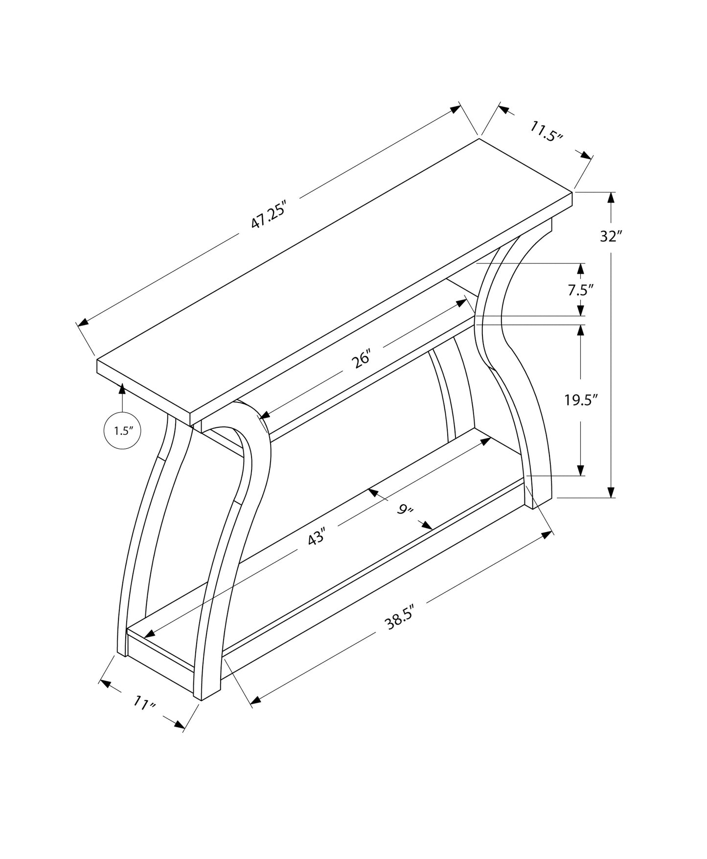 Architectural line drawing of a modern console table with dimensions
