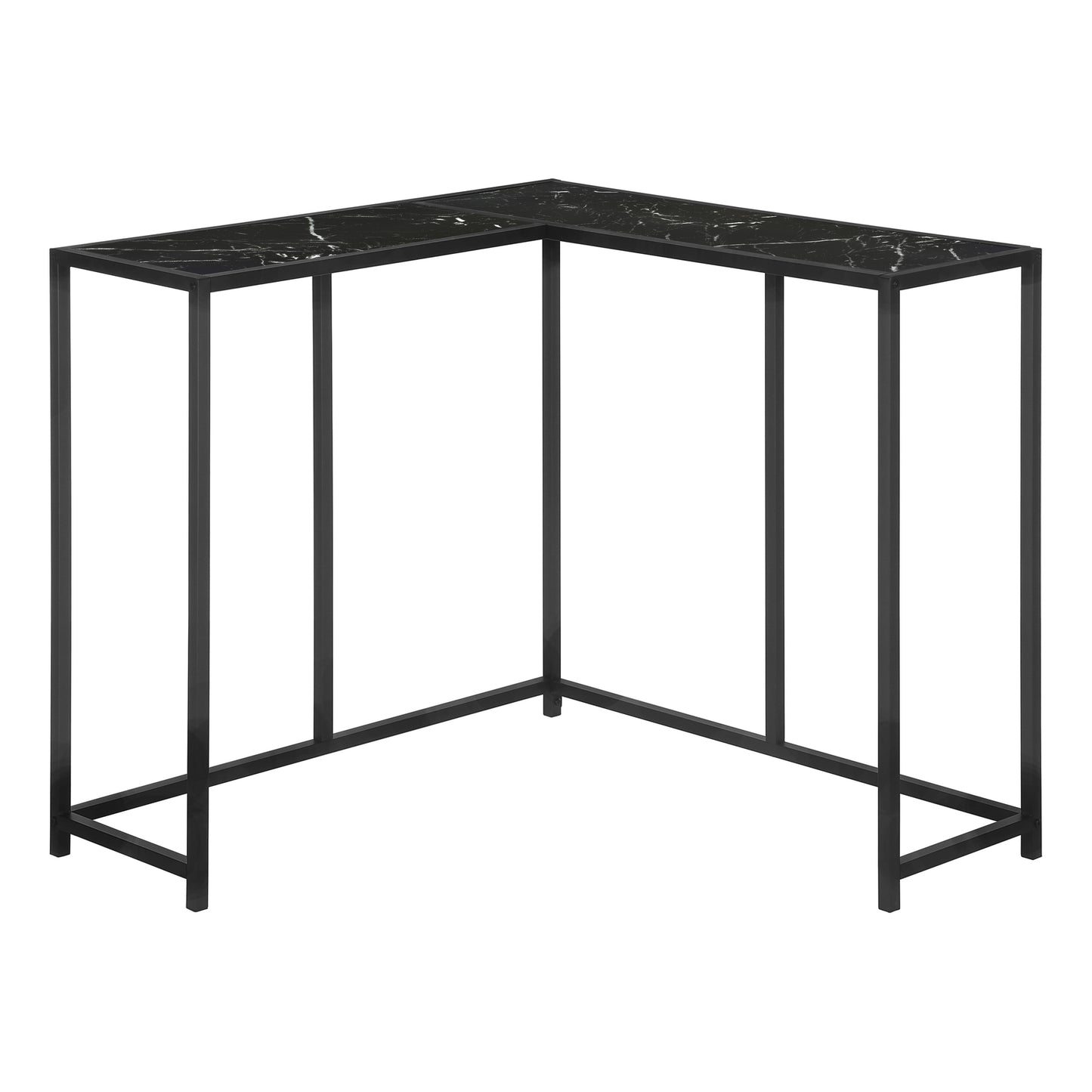 Black marble Lshaped console table with minimalist black metal frame ideal for entryway accent