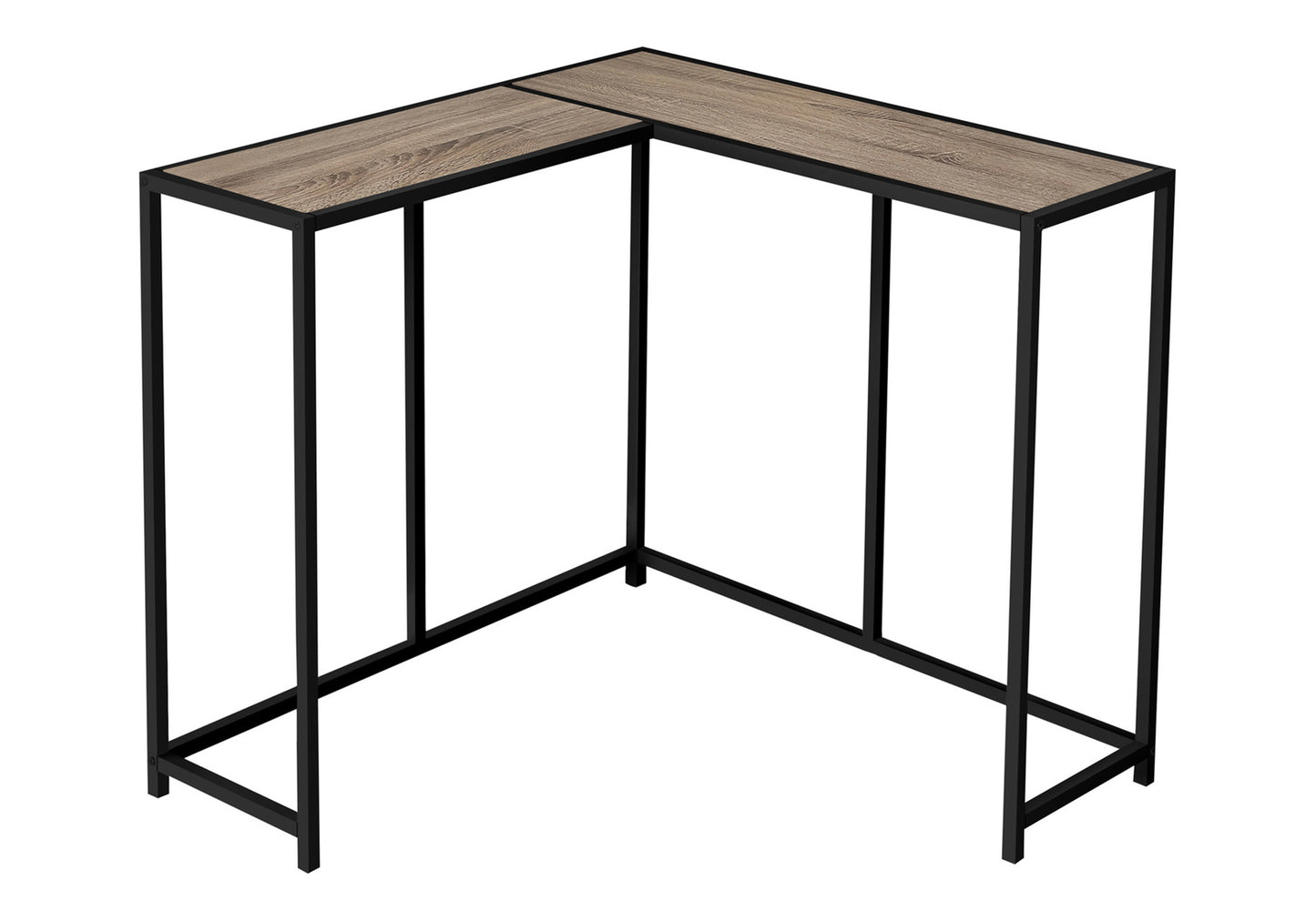 Lshaped console table with faux wood top and black metal frame ideal for entryway accent