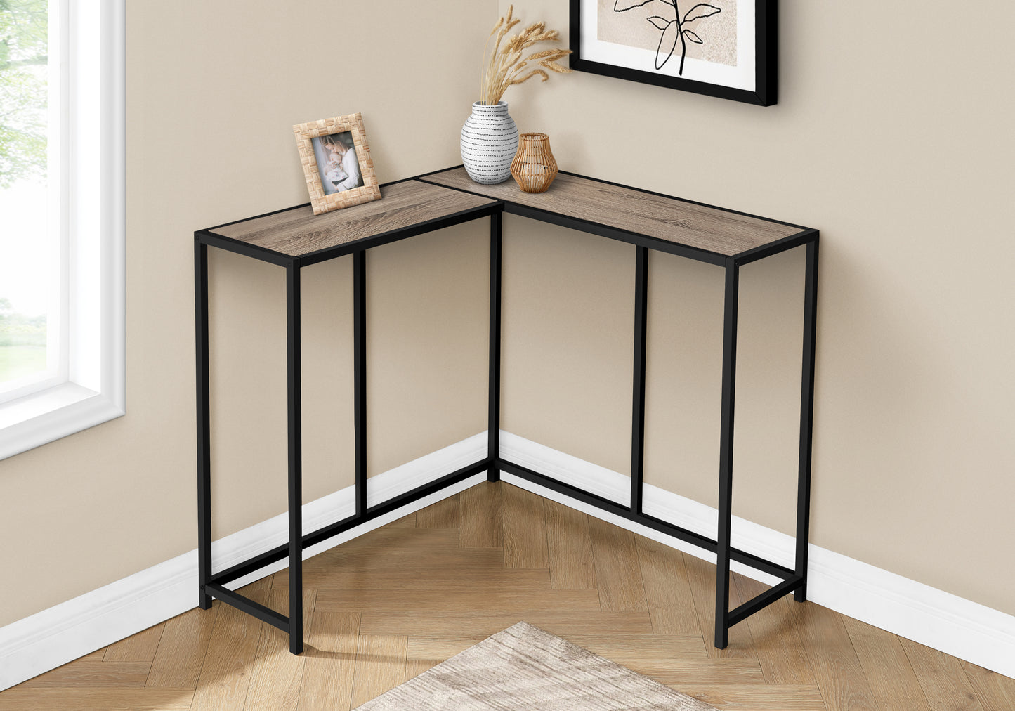 Rustic oak veneer corner console table with black metal frame perfect for entryways