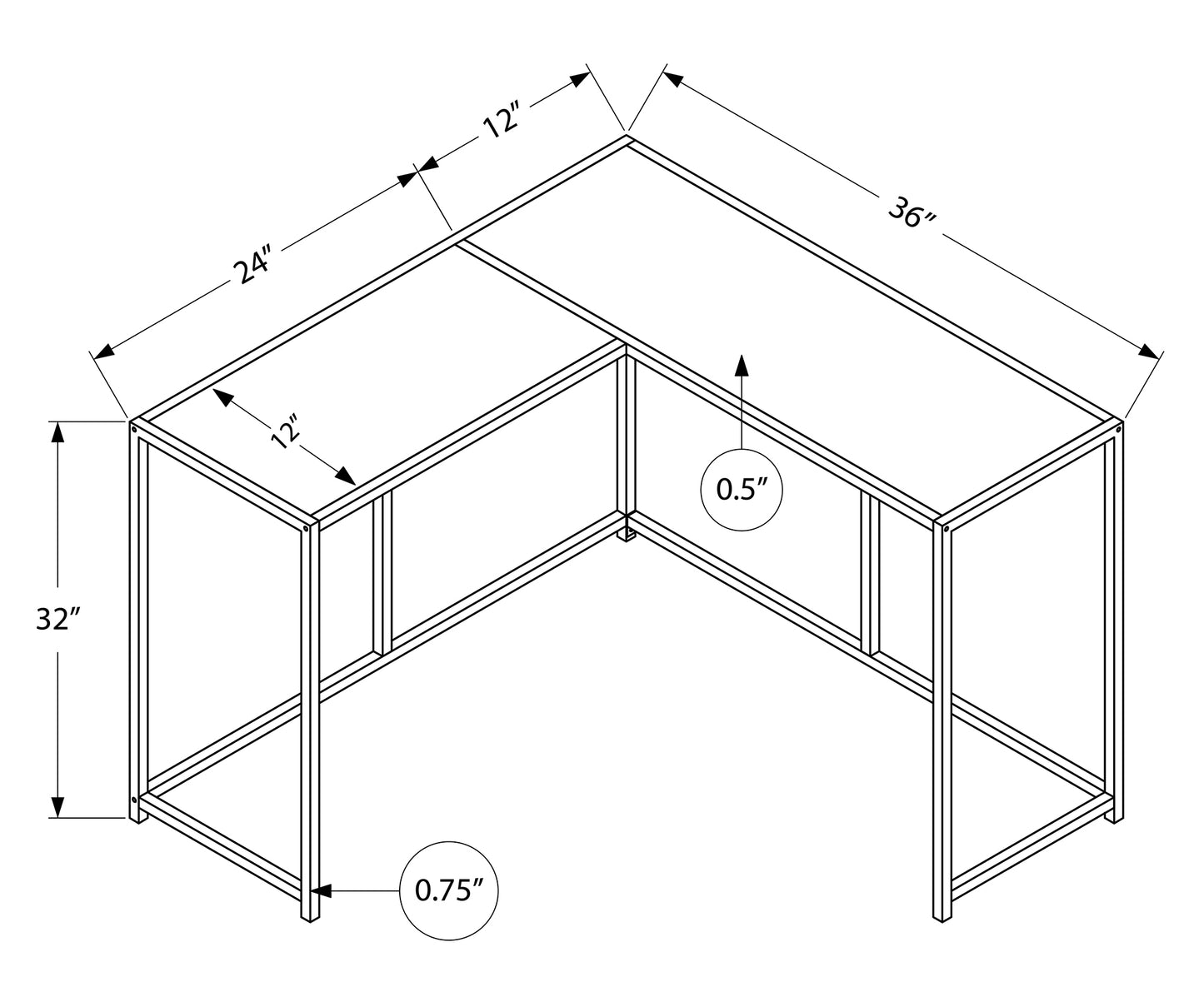 Diagram of a black Lshaped desk with dimensions indicated