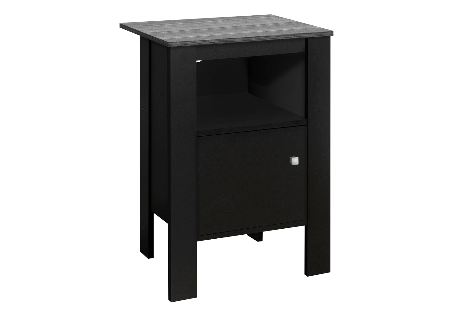 Black wood bedside table with open shelf and single cabinet door