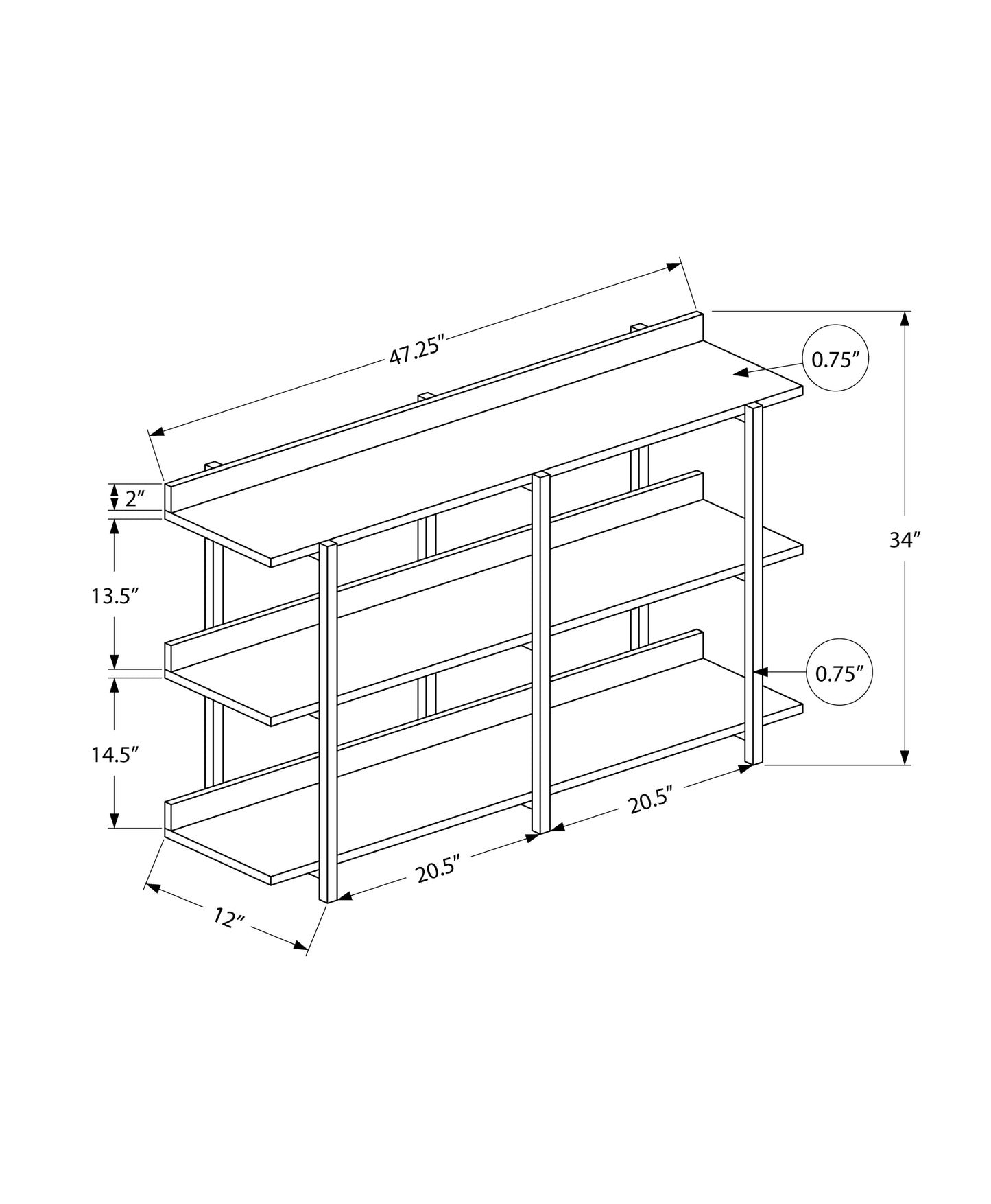 Technical drawing of a modern metal console table with shelves W x H