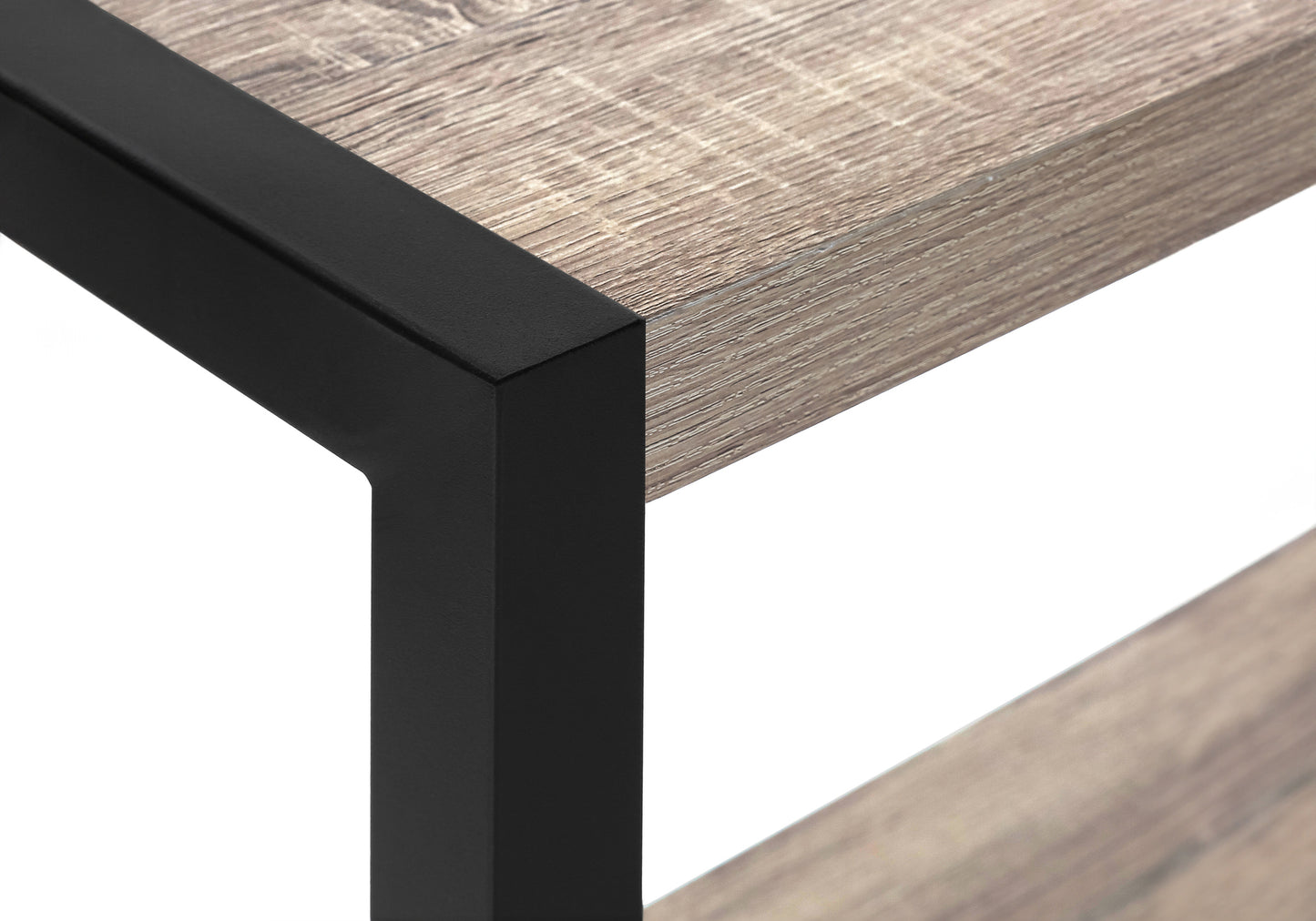 Closeup of rustic wood grain shelf with black metal frame accent
