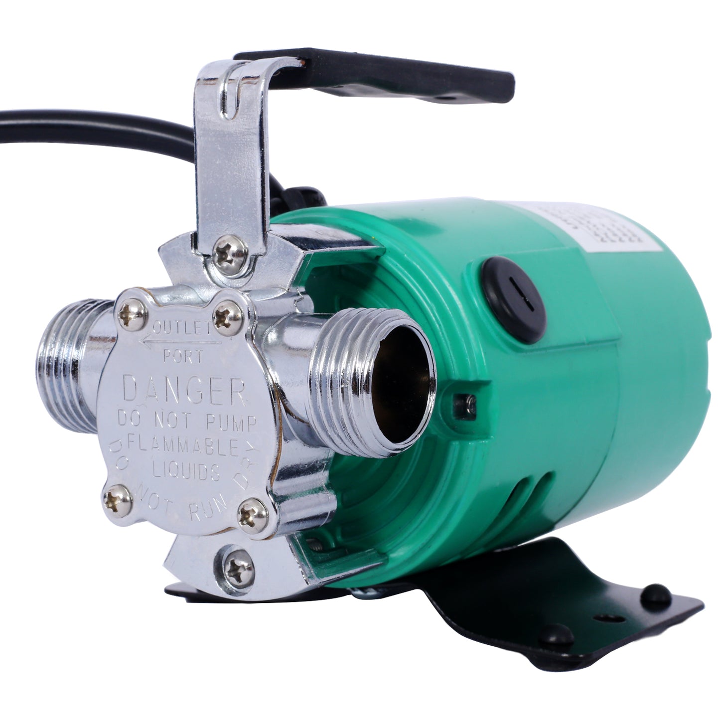 Green V DC diaphragm water pump with metal inlet and outlet fittings and carrying handle
