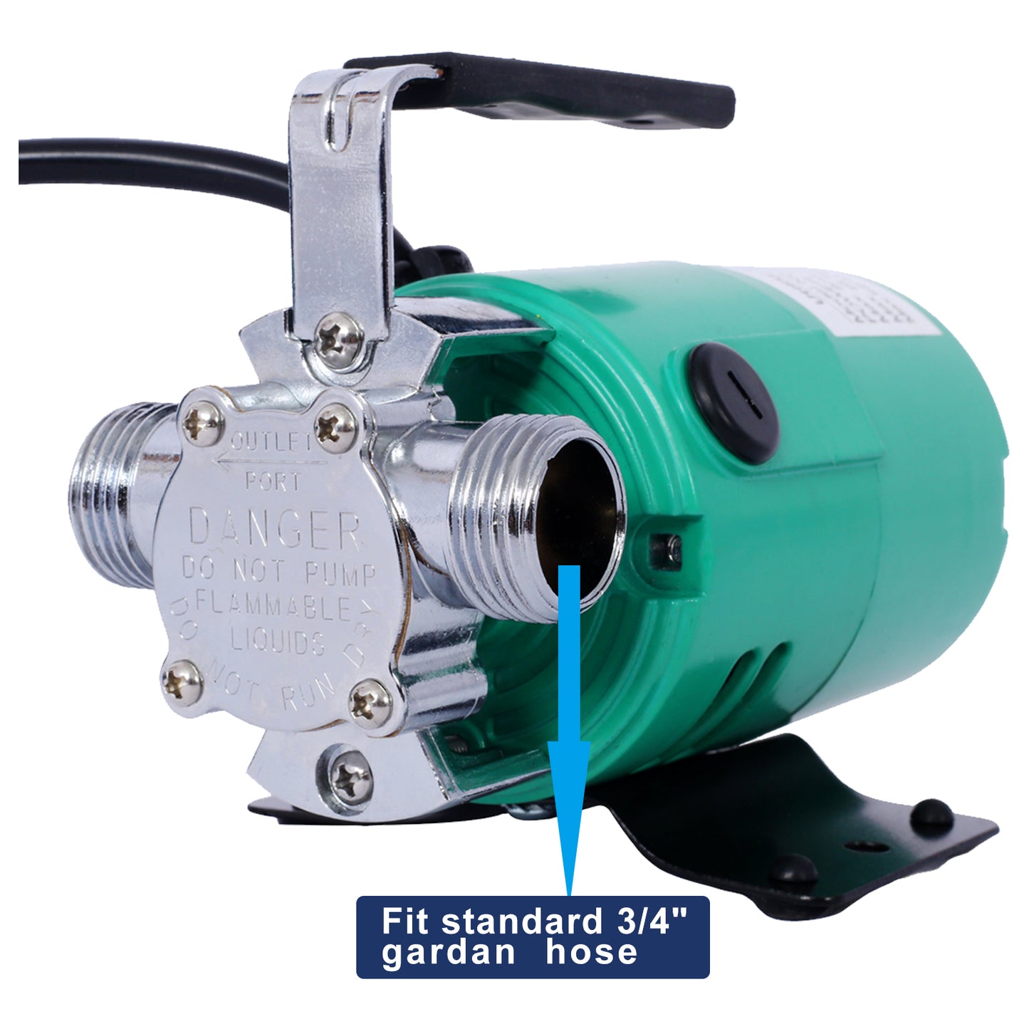 Green and chrome V DC diaphragm pump with threaded fittings for liquid transfer