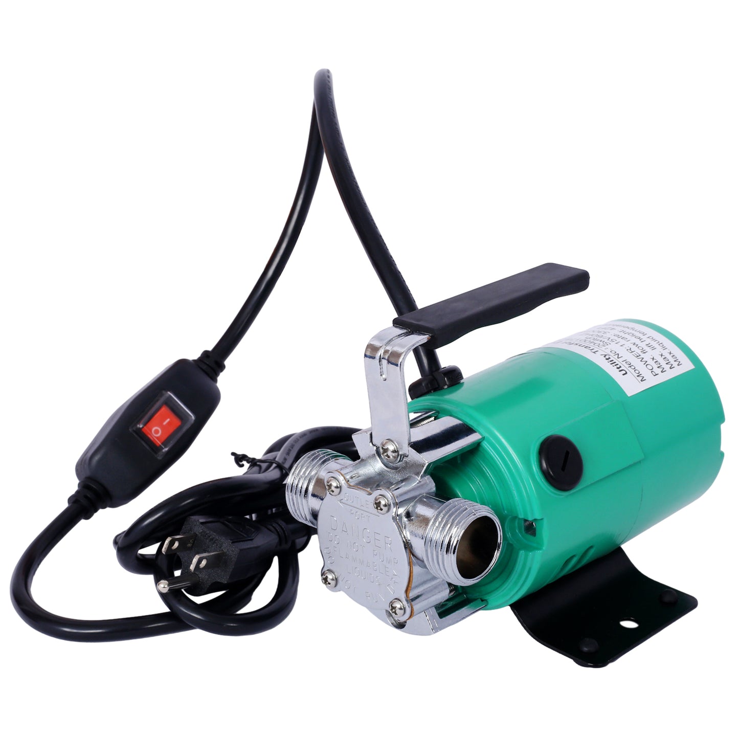 Green utility transfer pump with chrome fittings and onoff switch ideal for moving liquids