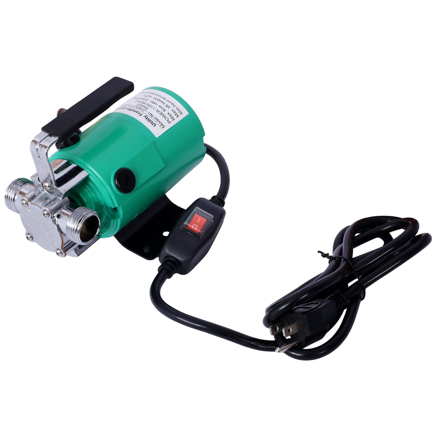 Green utility transfer pump with chrome fittings and onoff switch