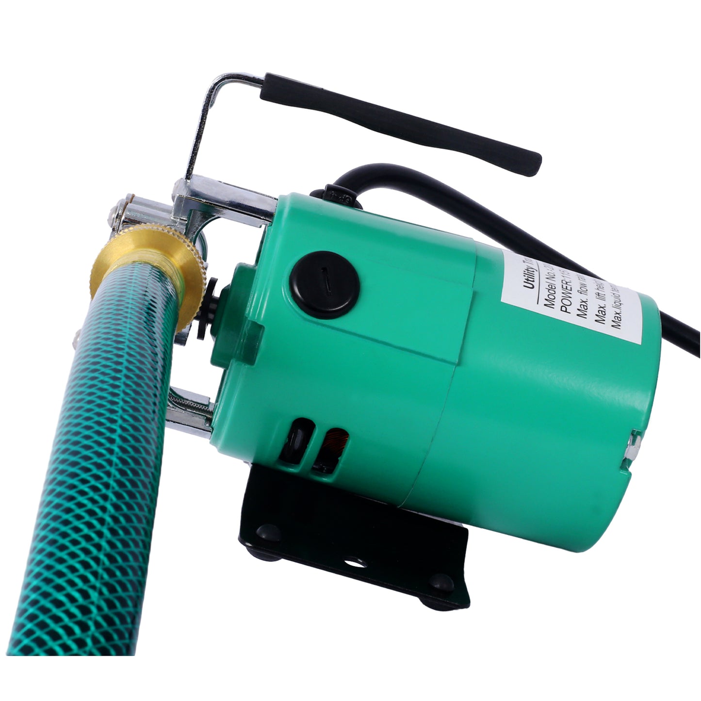 Green utility pump with attached black hose and chrome fitting for liquid transfer
