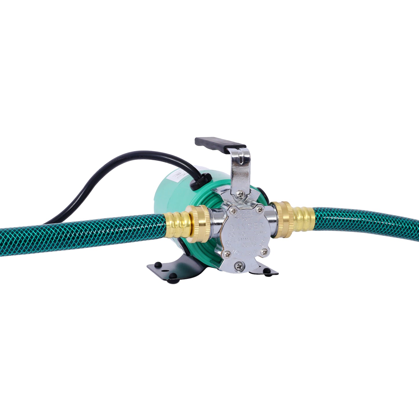 Green portable water pump with brass hose connectors and black power cord for fluid transfer