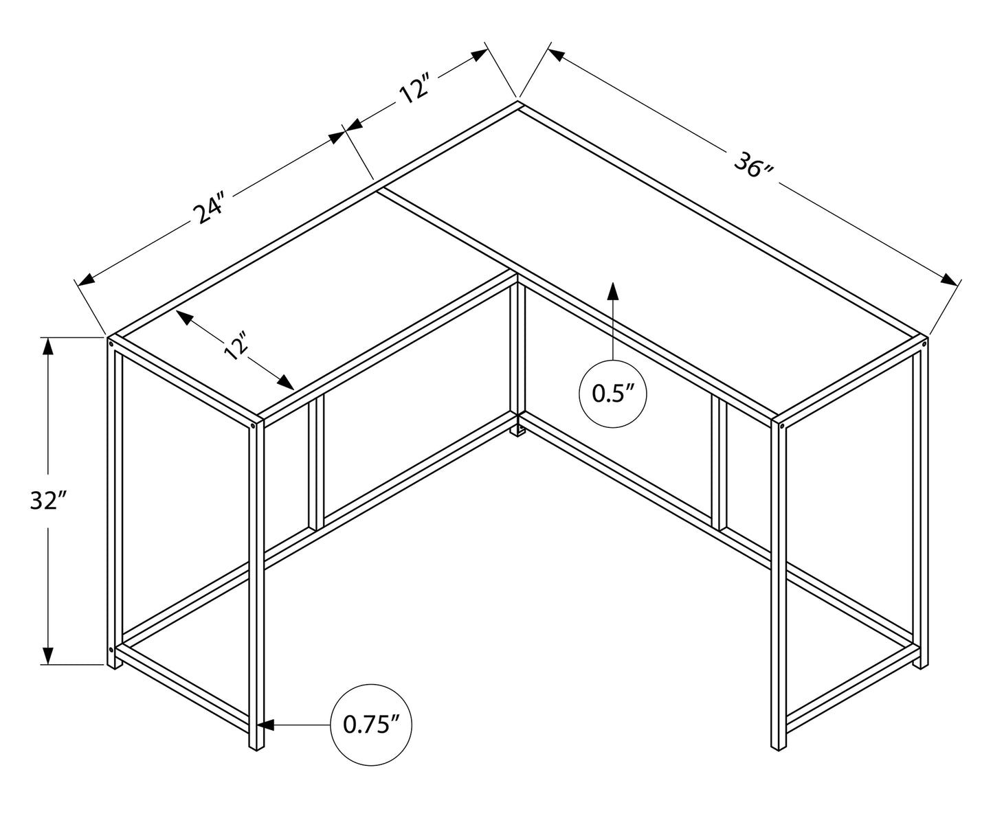 Technical drawing of a modern Lshaped desk with dimensions labeled