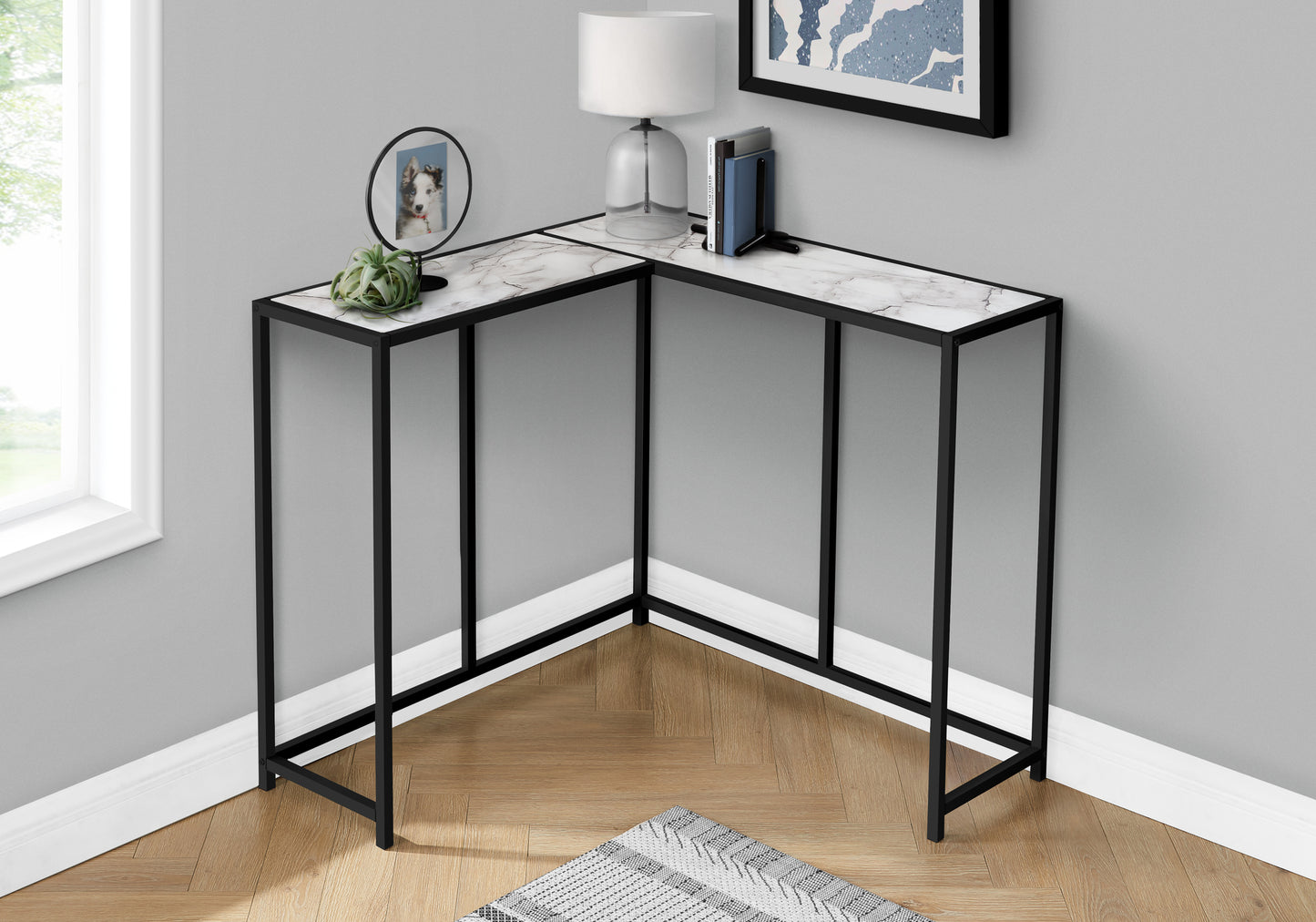 Modern Lshaped console table with white marblelook top and black metal frame