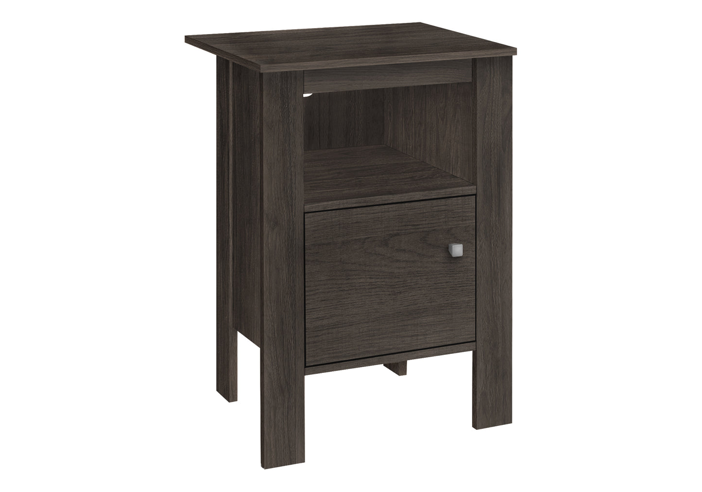 Dark wood accent table with single drawer and open shelf