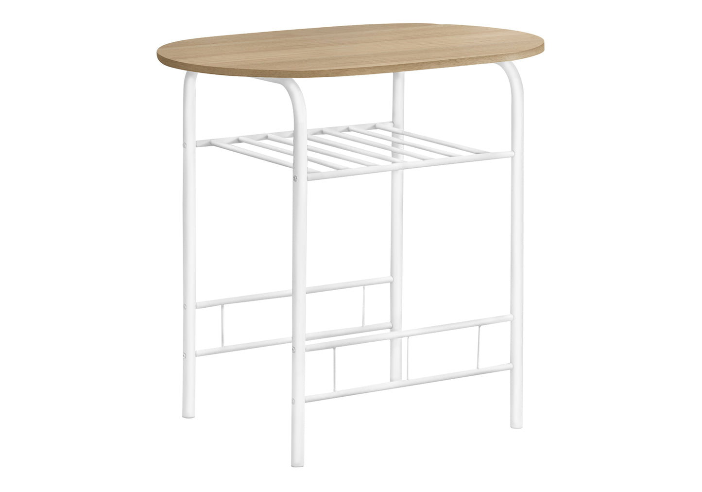 Oval wooden top bistro table with white metal frame and shelf