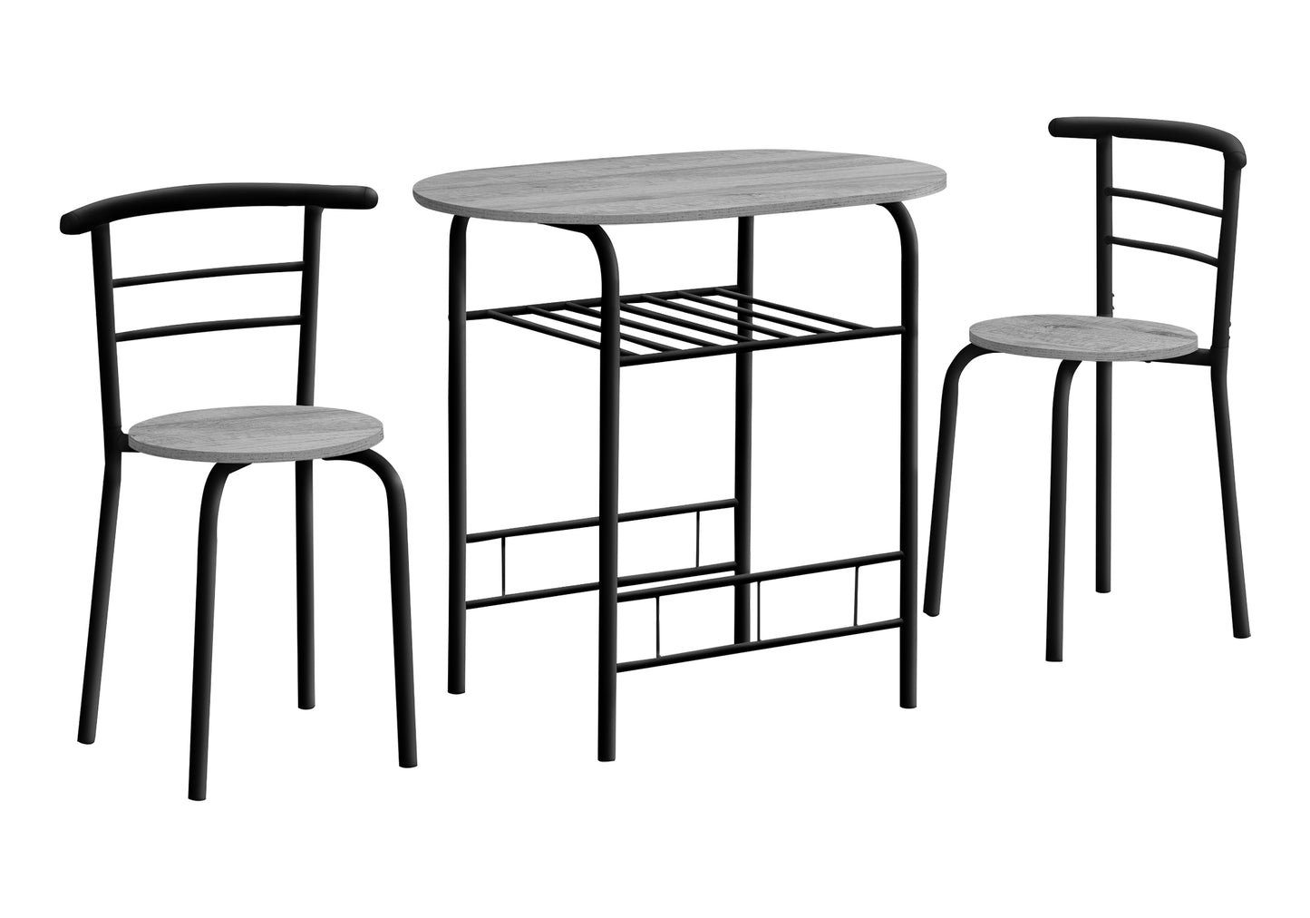 Gray wood grain top oval pub table with black metal frame and two stools