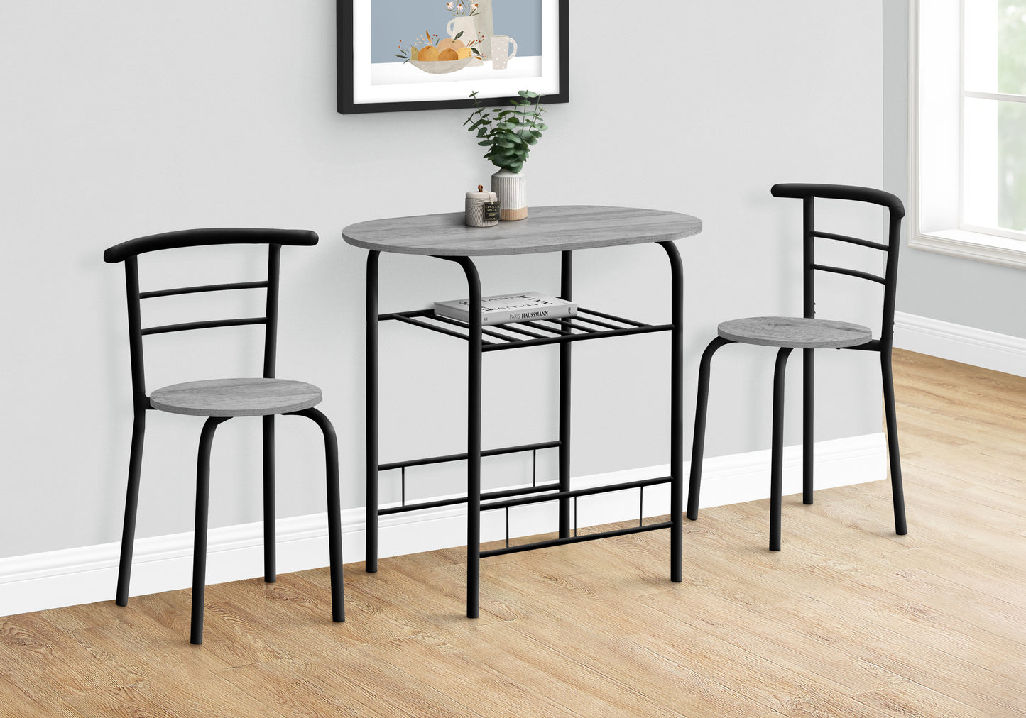 Modern grey wood dining set with black metal frame and two chairs