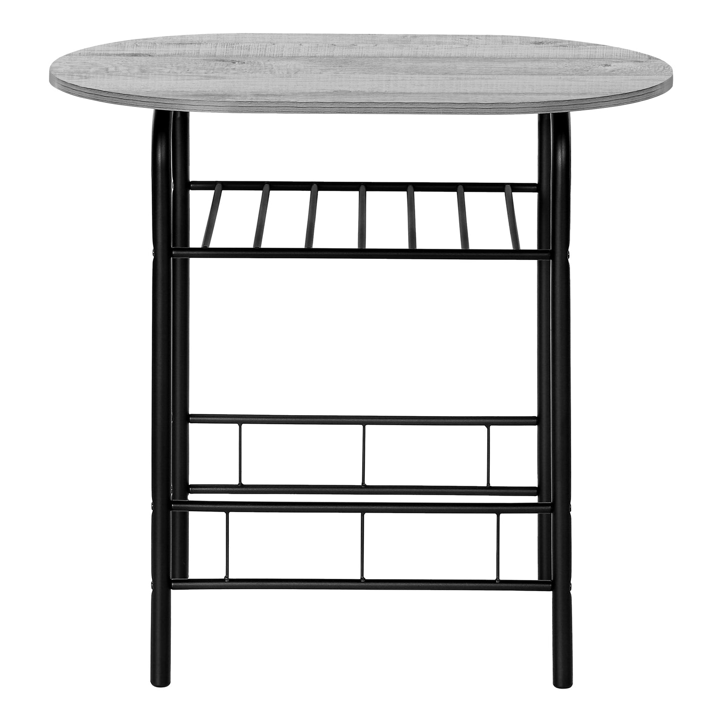 Rustic gray wood finish oval tabletop with black metal frame ideal for a bar or breakfast nook
