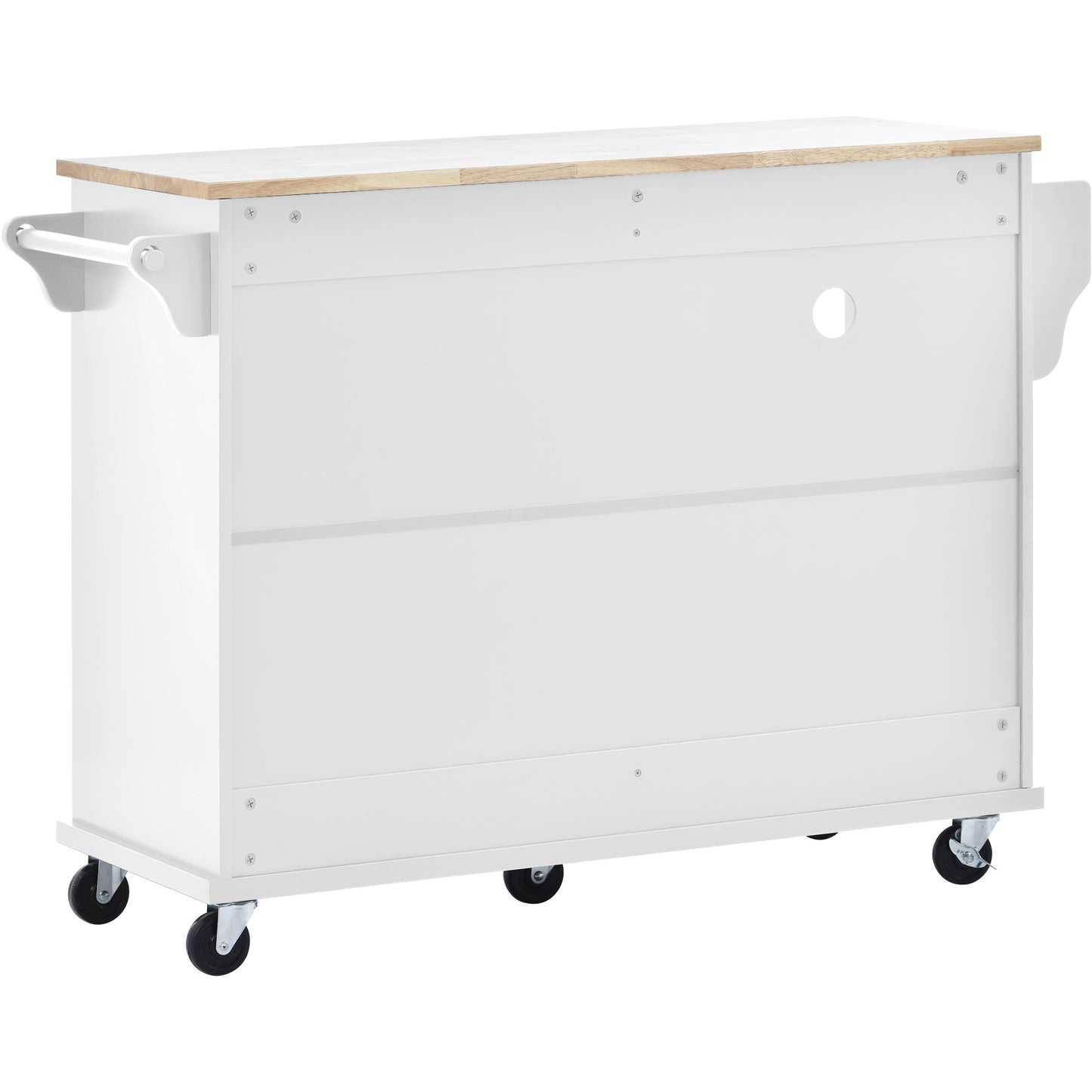 White kitchen island cart with butcher block top and side towel bar