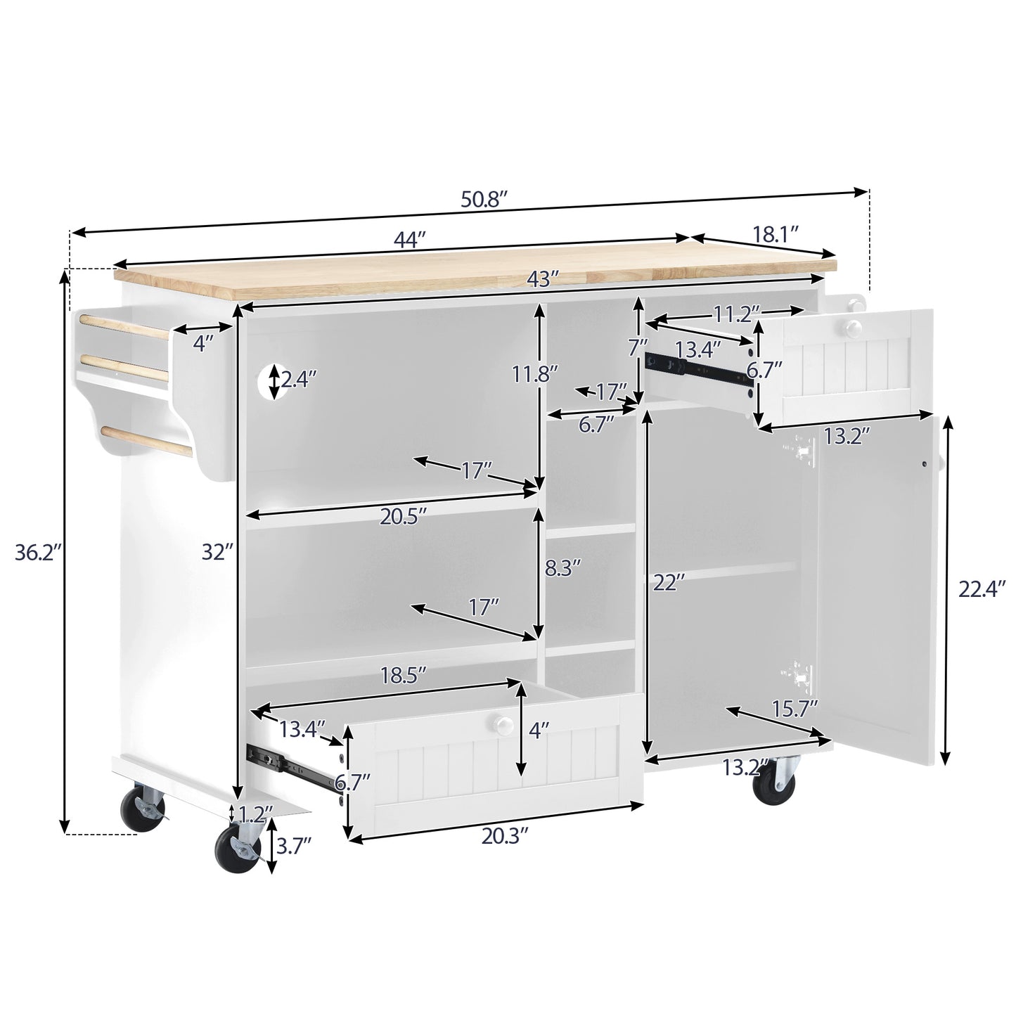 White kitchen cart with butcher block top and storage dimensions