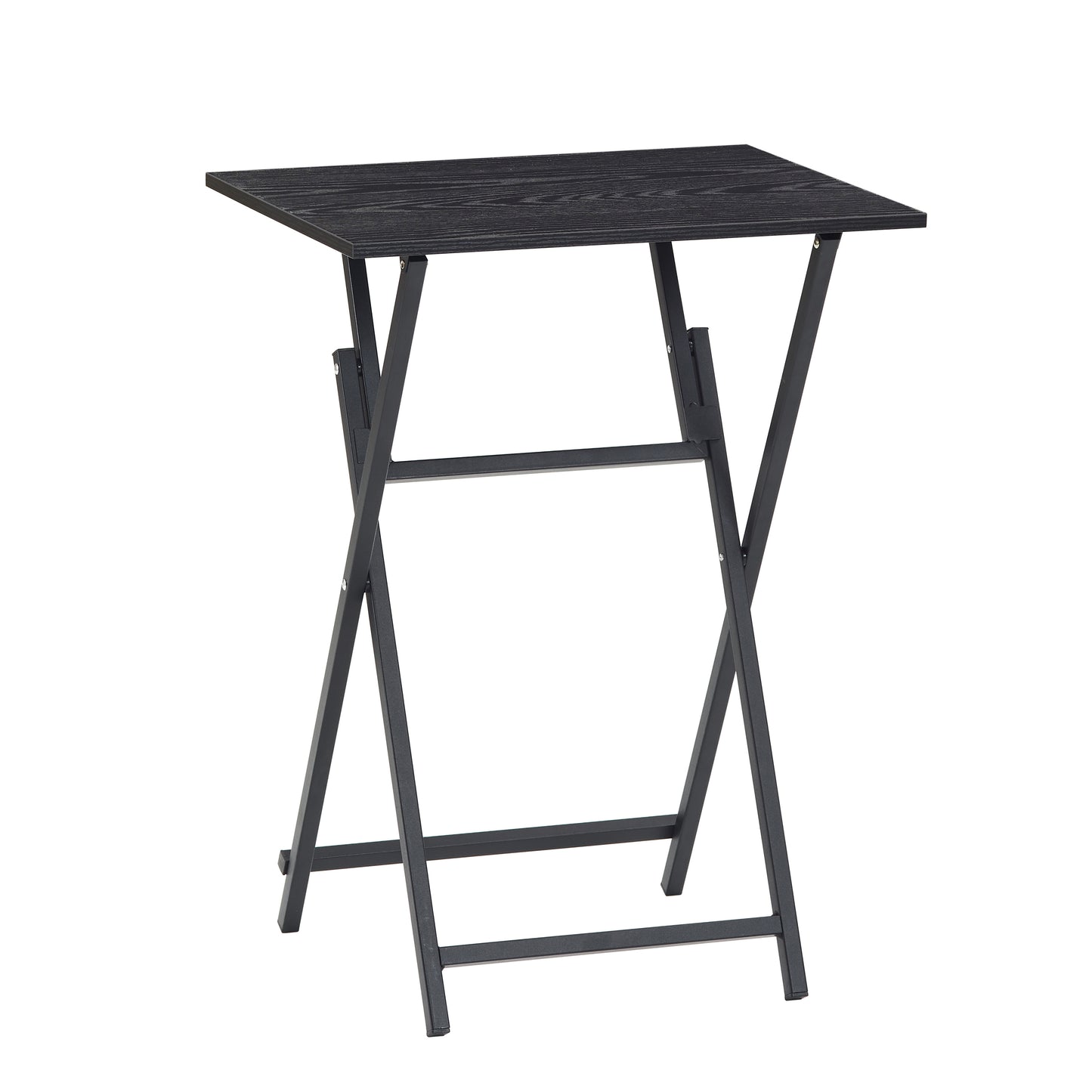 Compact black wood grain folding table with dark metal frame ideal for small spaces