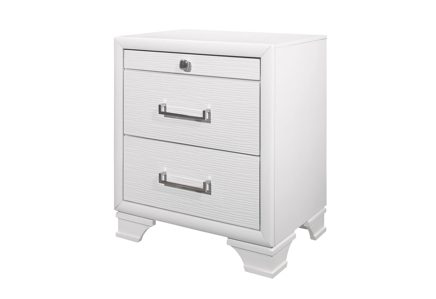 White twodrawer nightstand with brushed nickel hardware and textured drawer fronts