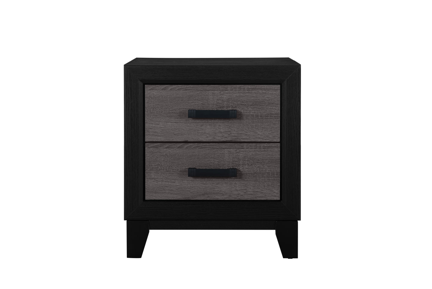 Dark wood twodrawer nightstand with black frame and silver pull handles