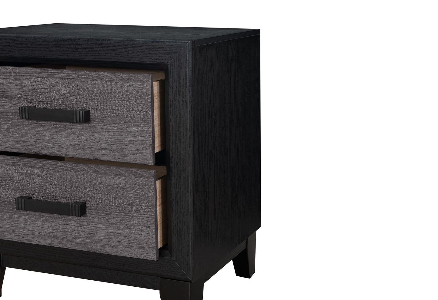 Black and grey wood nightstand with two drawers and black handles