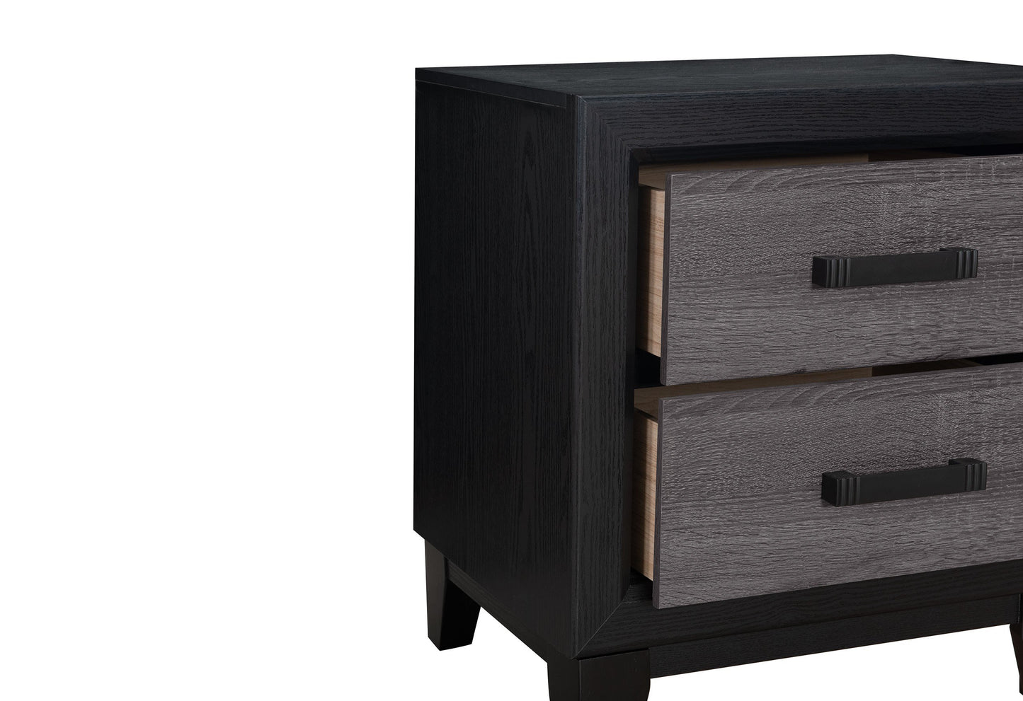 Modern twodrawer nightstand with dark wood exterior and grey wood drawer fronts