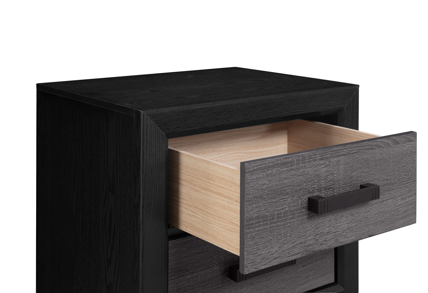 Black wood grain nightstand with one open drawer and metal handle
