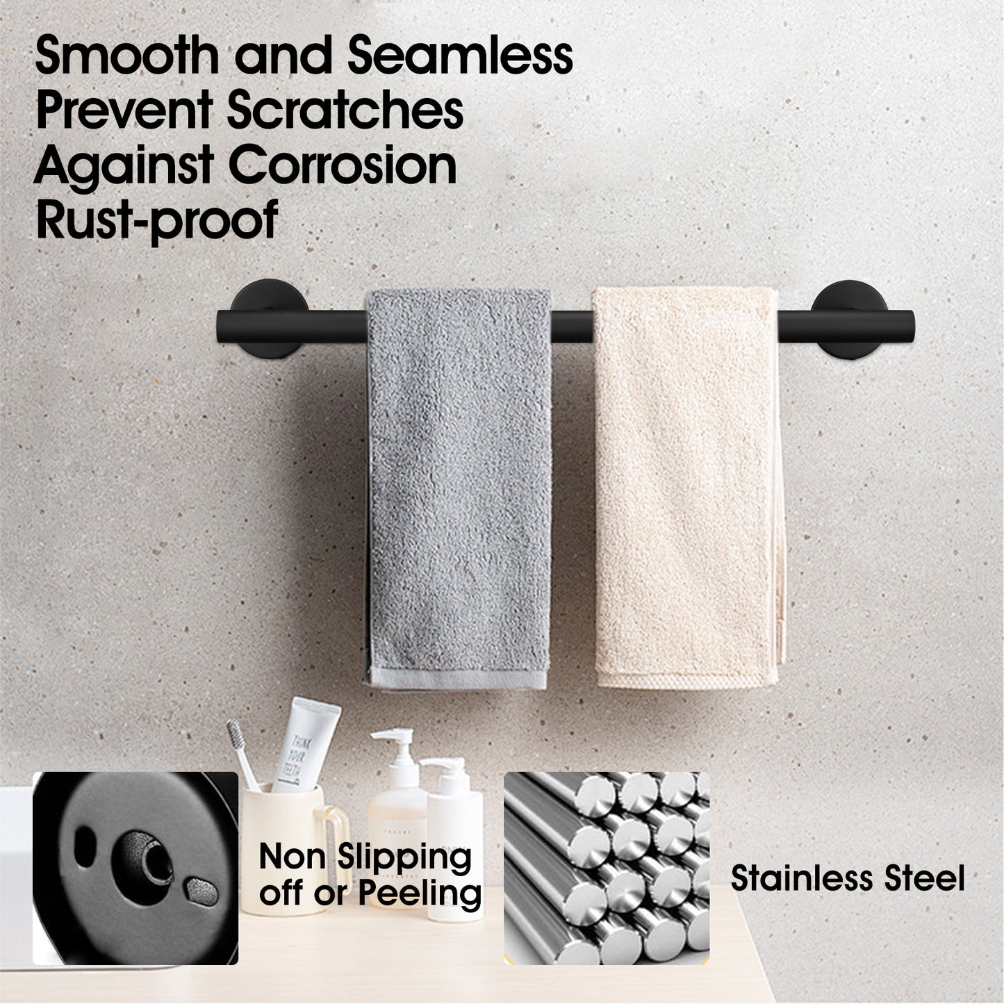 Black matte finish towel bar with gray and cream towels perfect for bathrooms