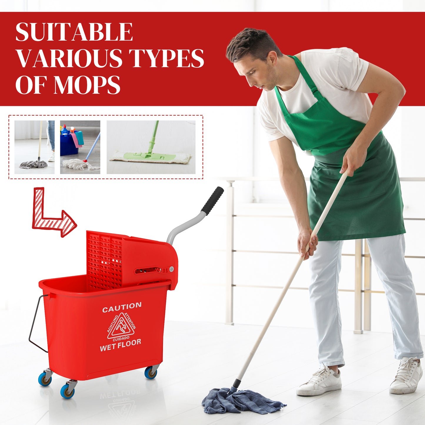 Man in green apron mopping floor with blue mop head and wooden handle