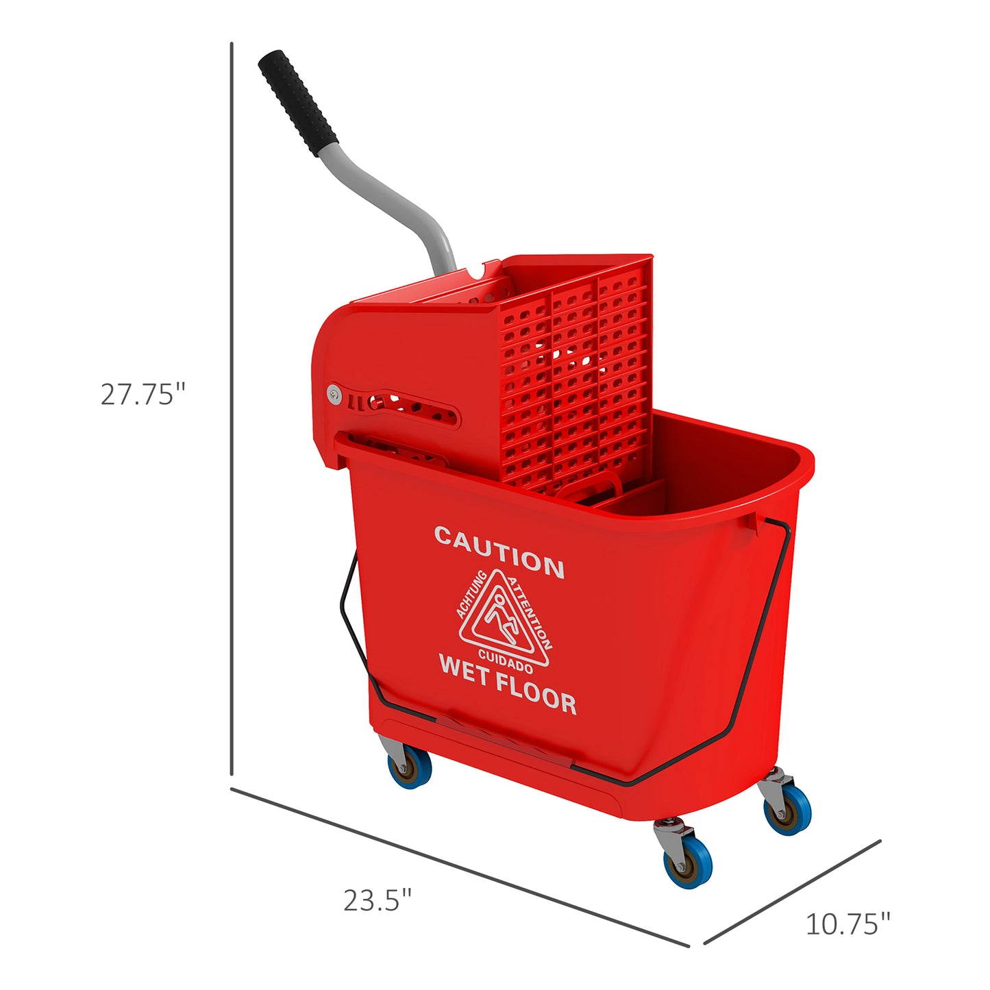 Red mop bucket with wringer and handle for commercial cleaning