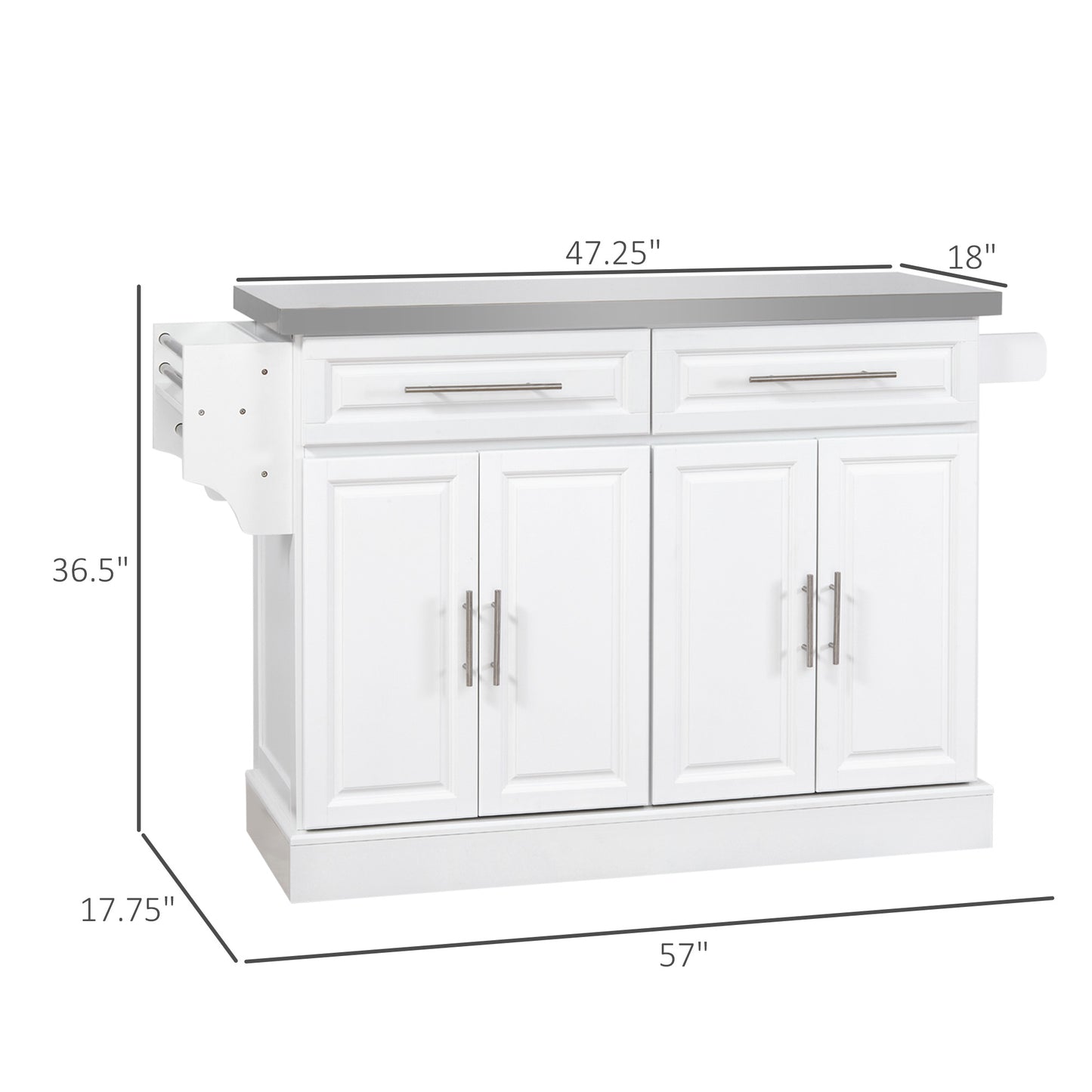White kitchen island with stainless steel hardware and towel rack