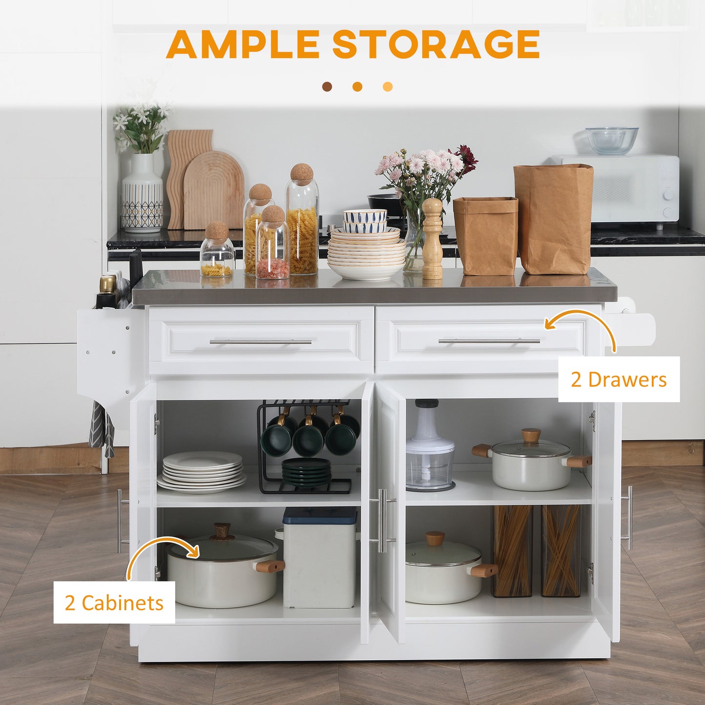White kitchen island cart with stainless steel top two drawers and two cabinets for ample storage