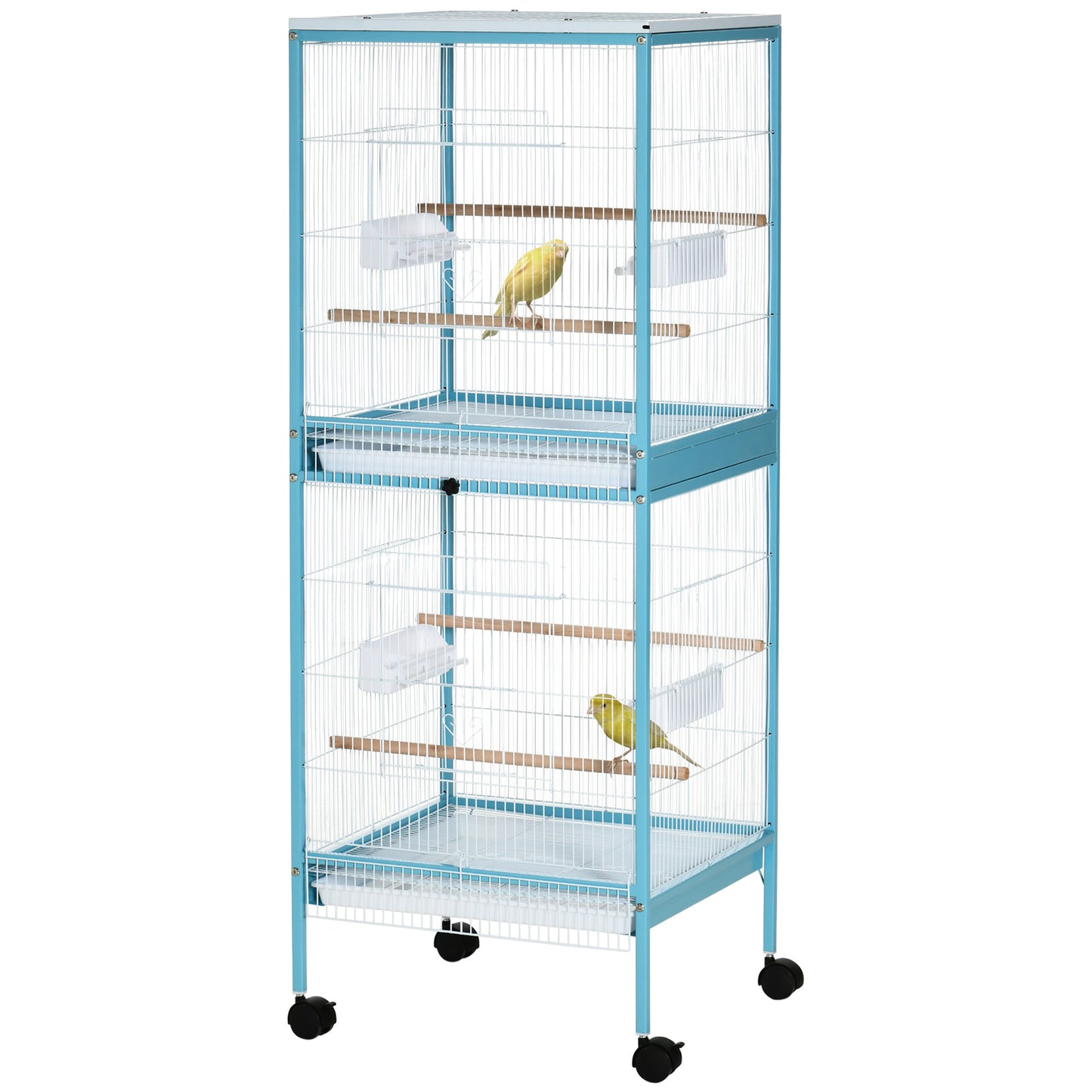 Tall blue metal bird cage with two levels and two yellow canaries inside