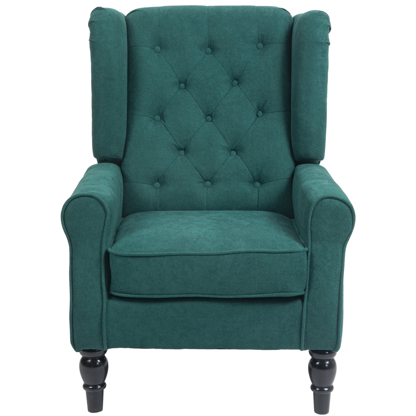 Emerald green tufted wingback armchair with black wooden legs