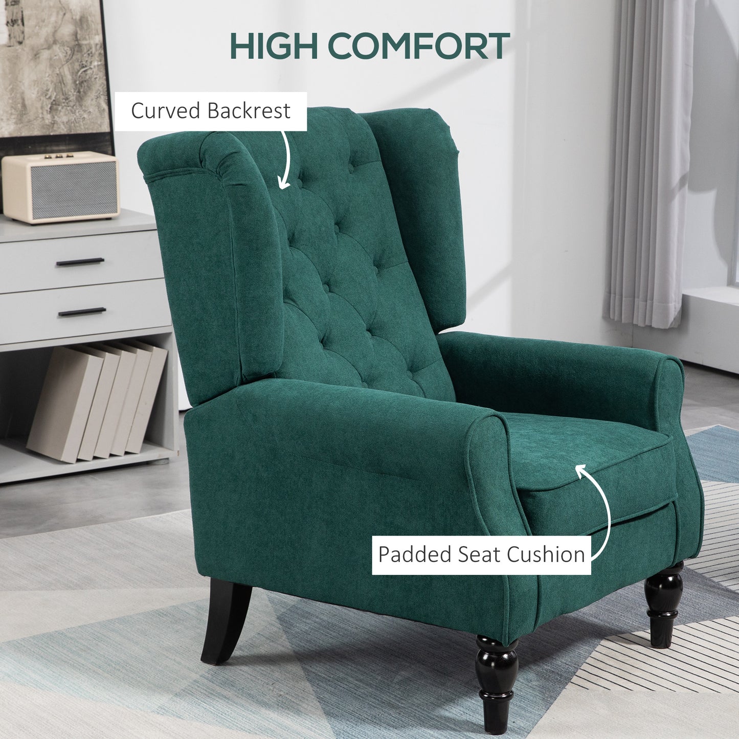 Deep green fabric wingback recliner with tufted back and padded seat cushion