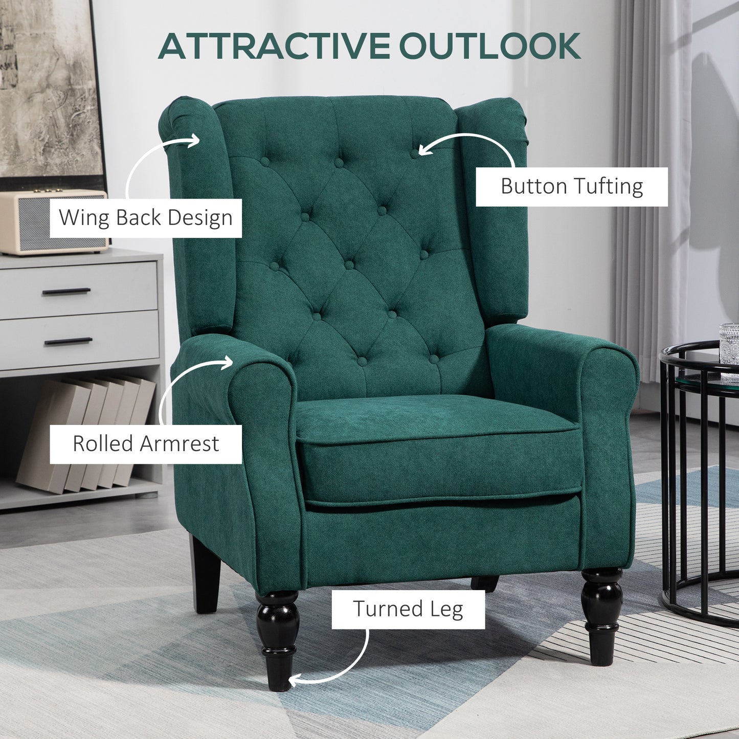 Emerald green wing back armchair with button tufting and rolled arms
