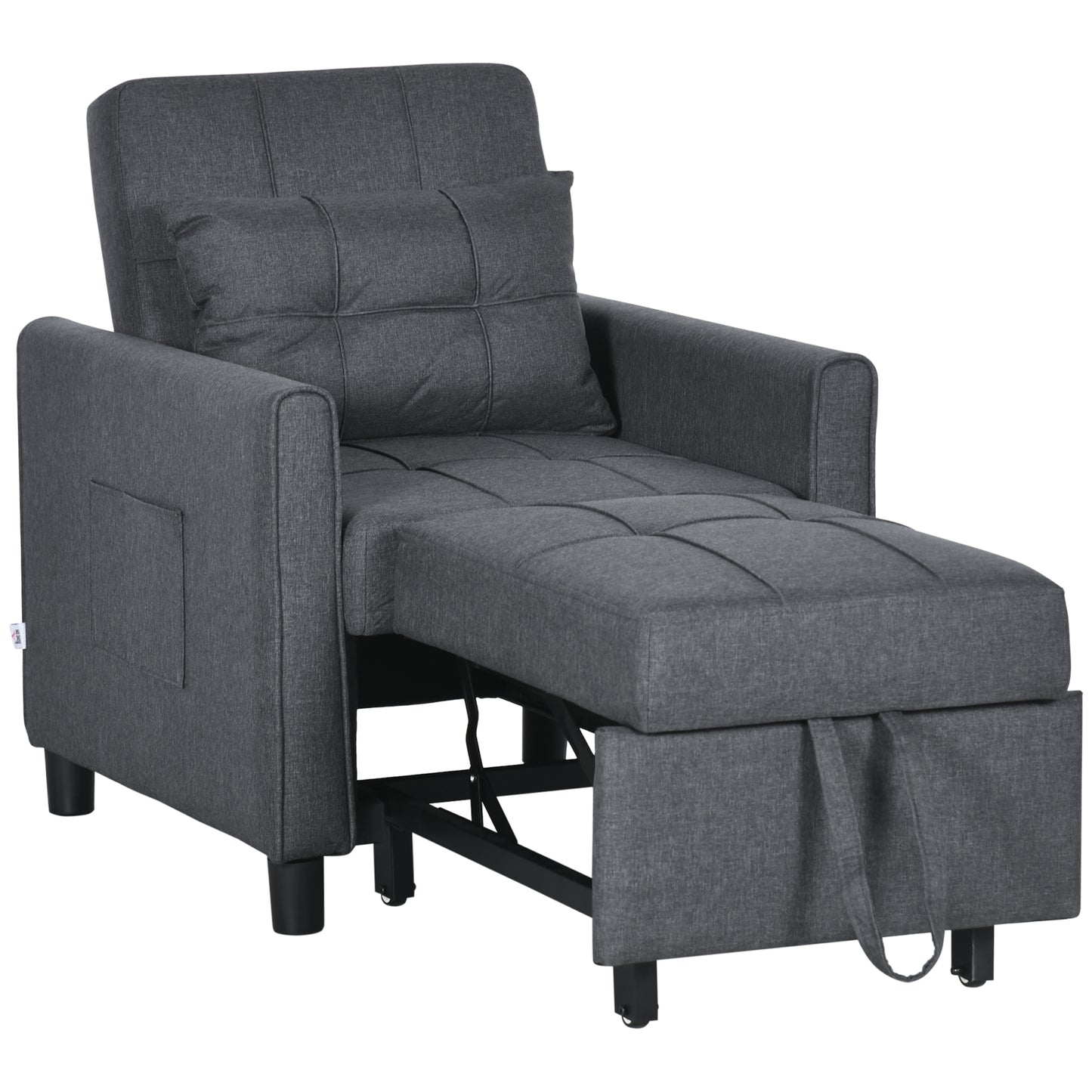 Dark gray fabric sofa bed with extended chaise lounge and matching pillow