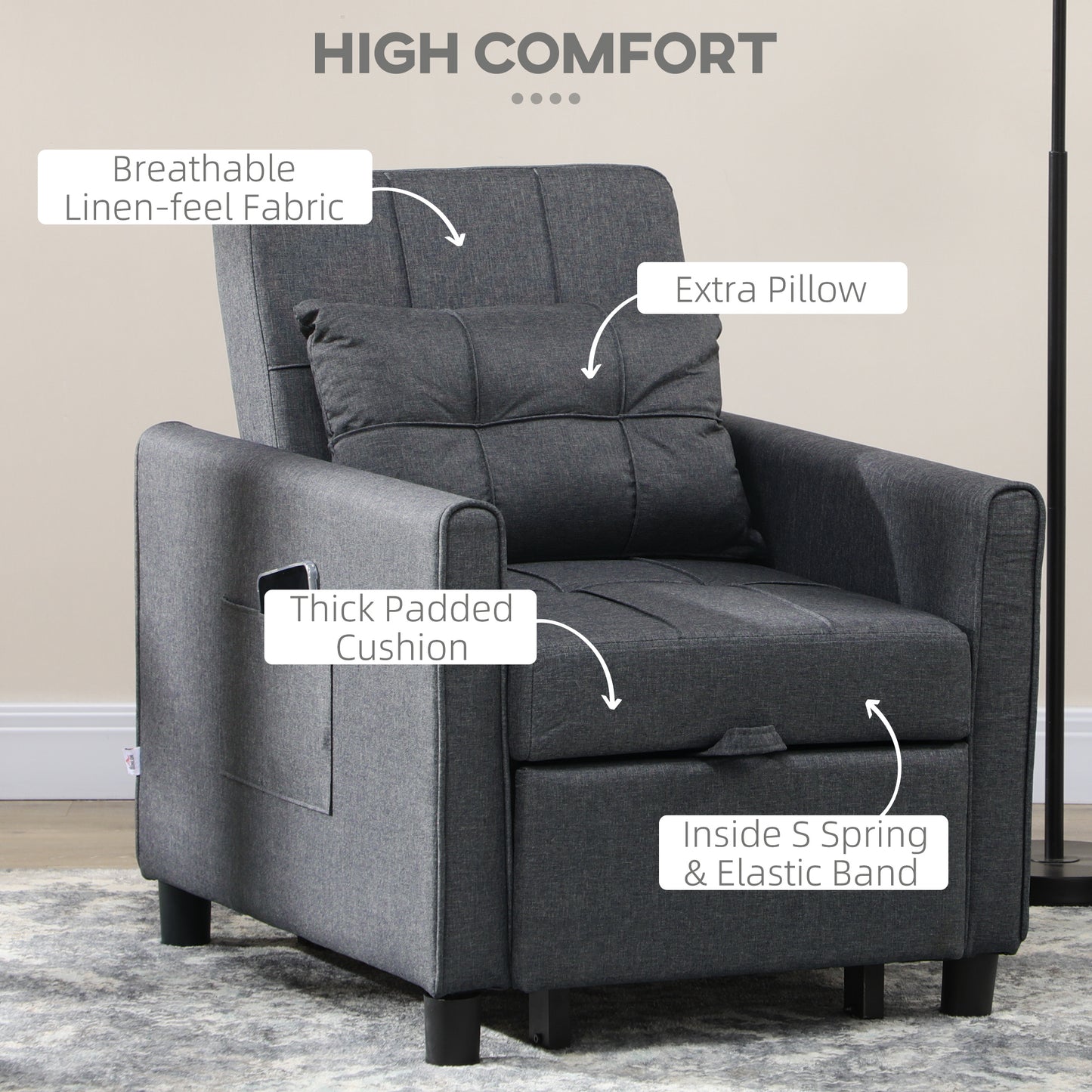 Dark gray recliner chair with breathable linenfeel fabric and thick padded cushions