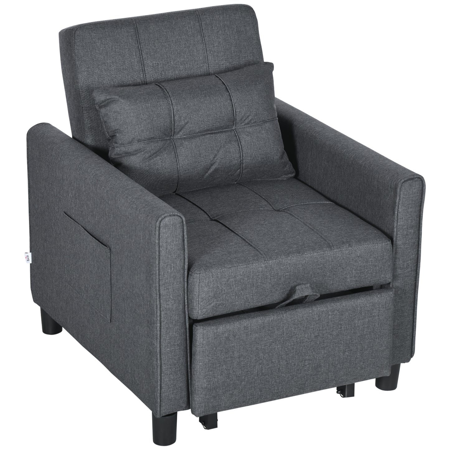 Dark gray upholstered convertible chair with pullout bed mechanism and accent pillow