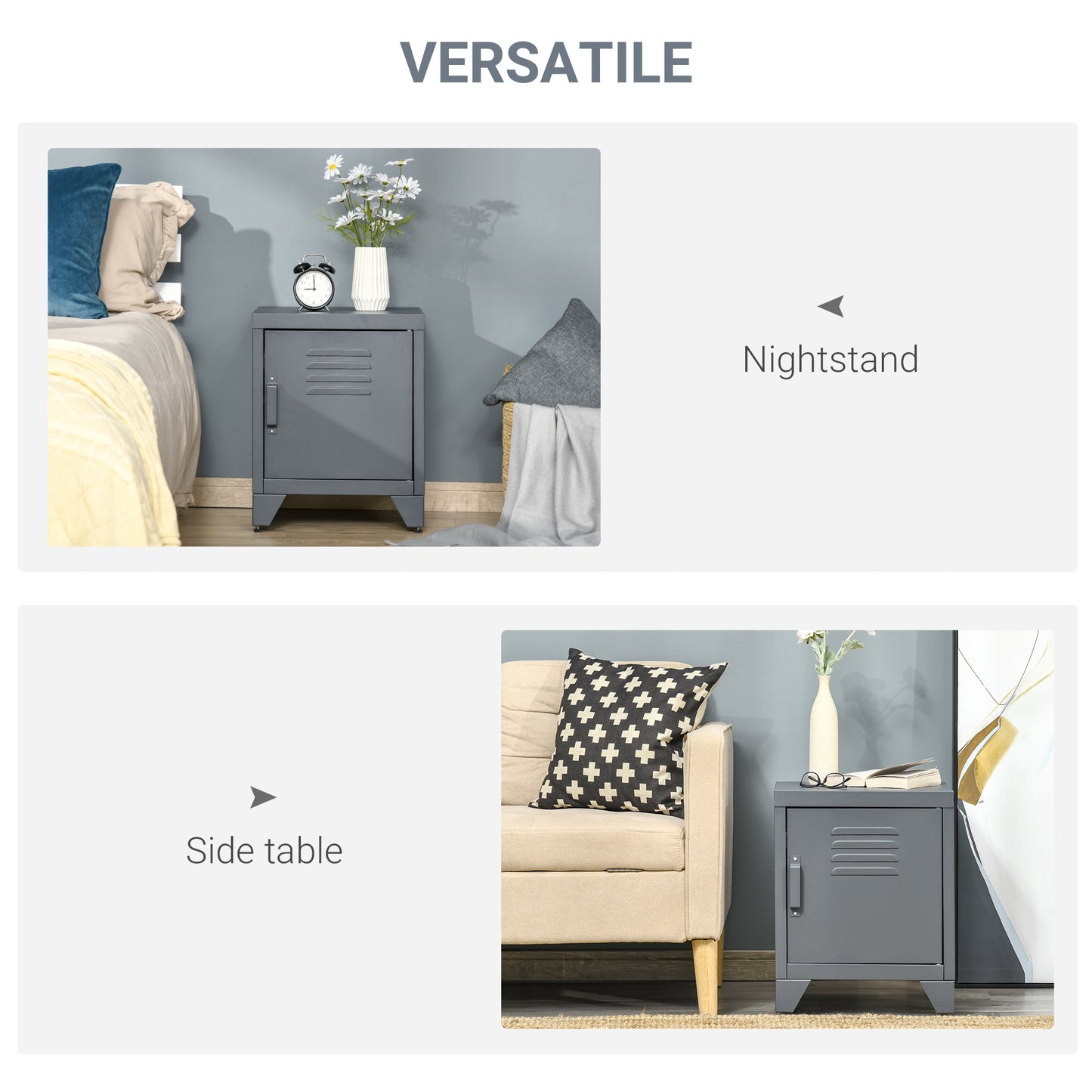 Grey metal nightstand with louvered door and round alarm clock on top