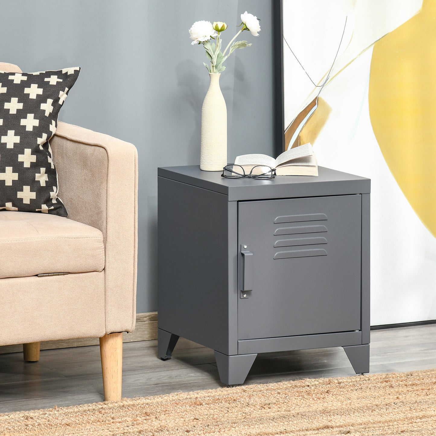 Compact gray metal locker end table with ventilated door ideal for small spaces