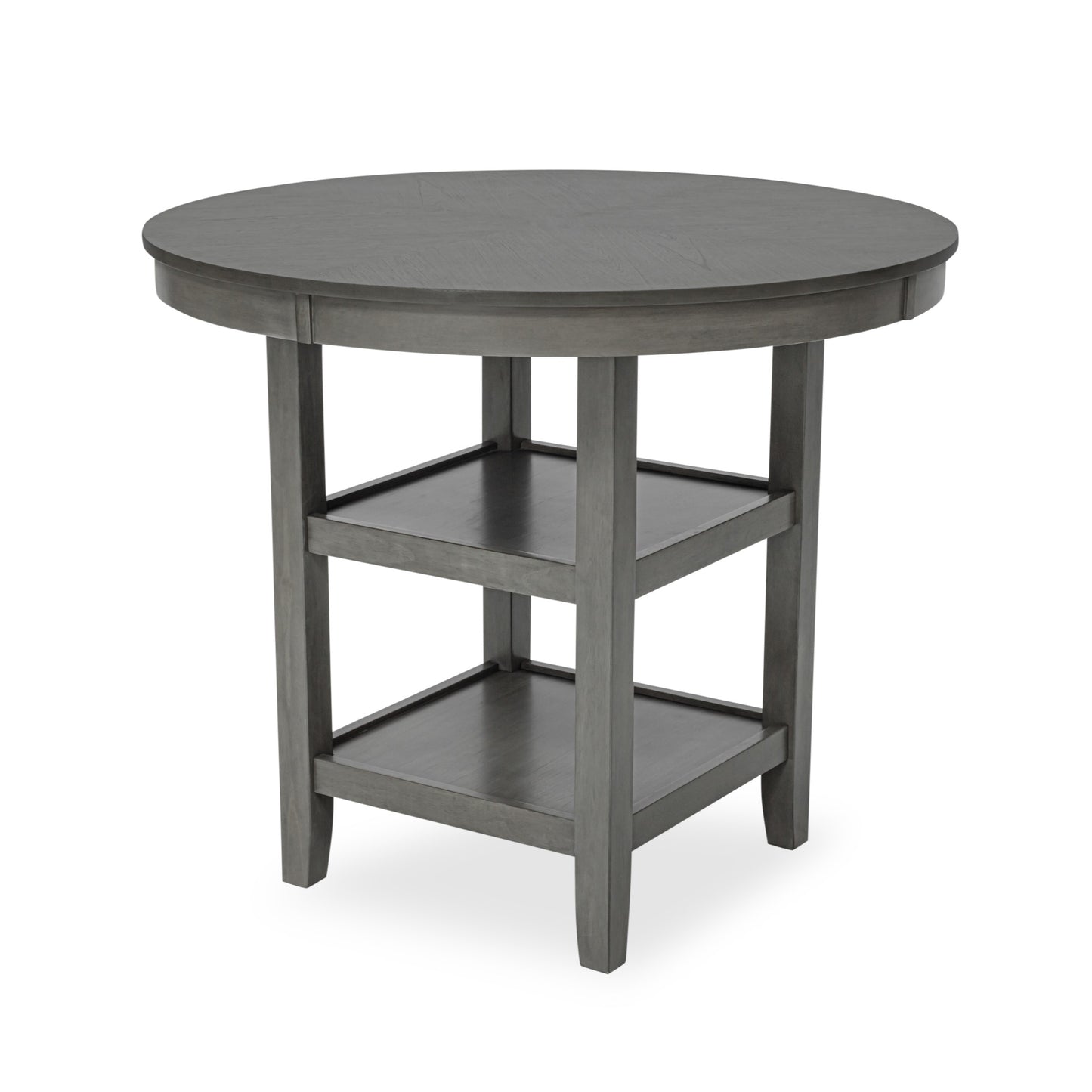 Gray round wood pub table with two lower shelves and tapered legs