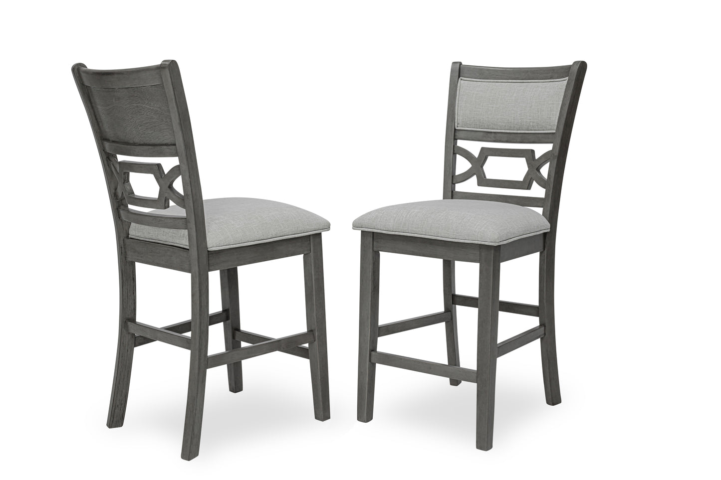 Two grey upholstered bar stools with open geometric backrests and wooden legs