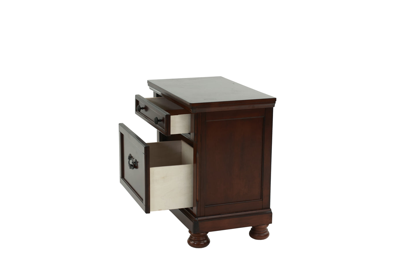 Dark wood nightstand with two open drawers and ornate hardware